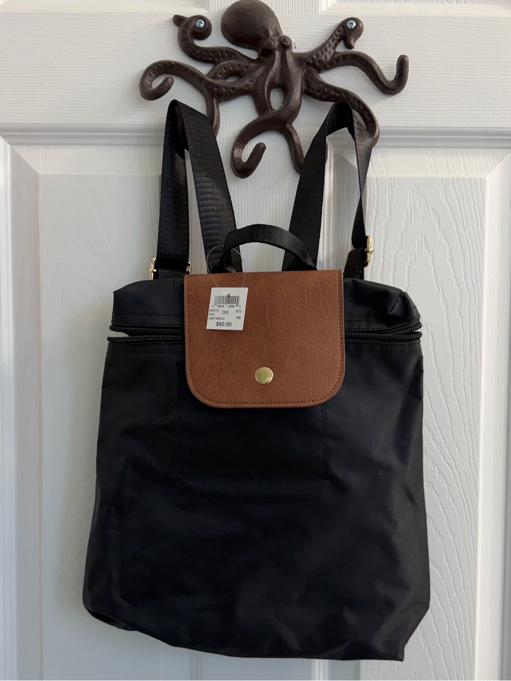 Laura Classic Black Backpack with Brown Flap - Lightweight Everyday Tote